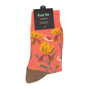 Yellow crew socks with a floral pattern of chrysanthemums and leaves.